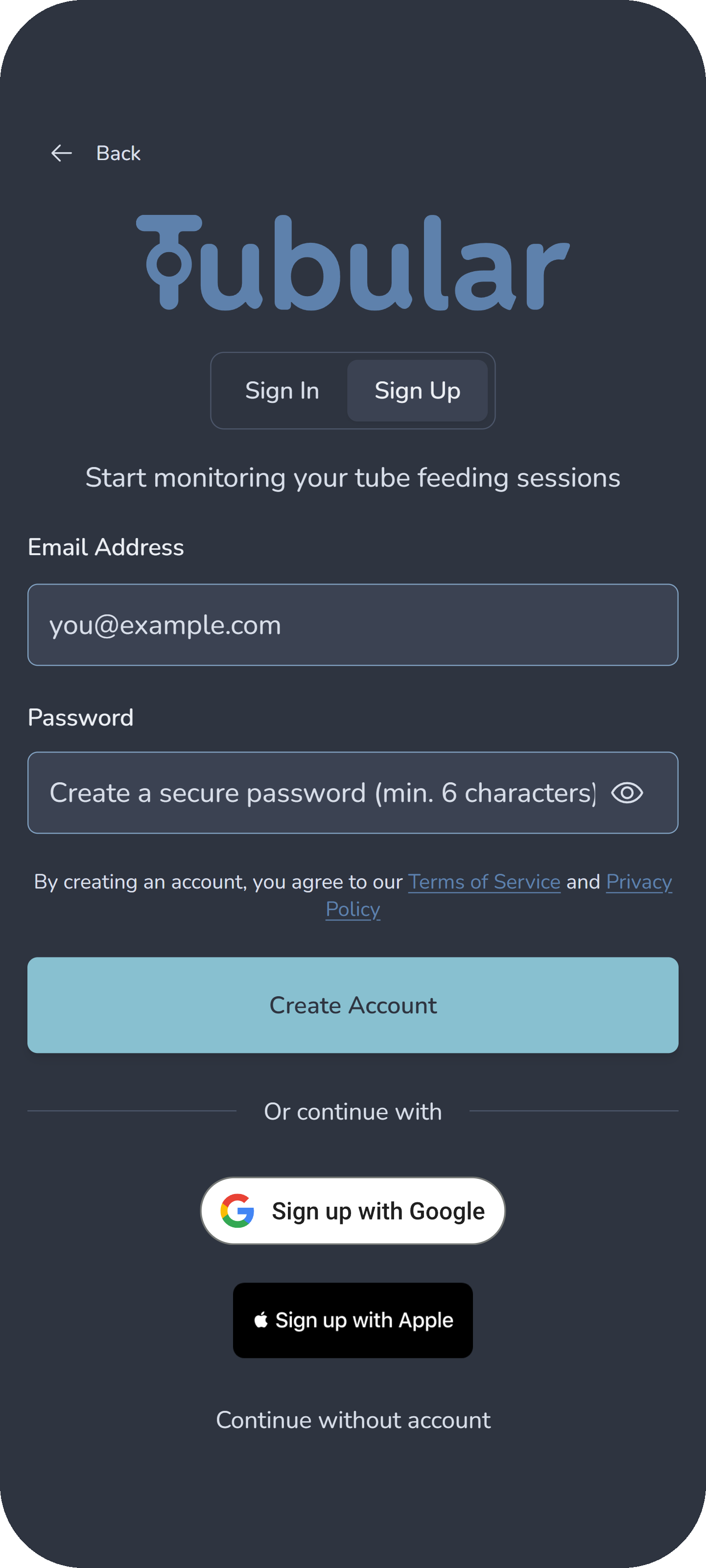 Tubular sign up screen showing email and password fields