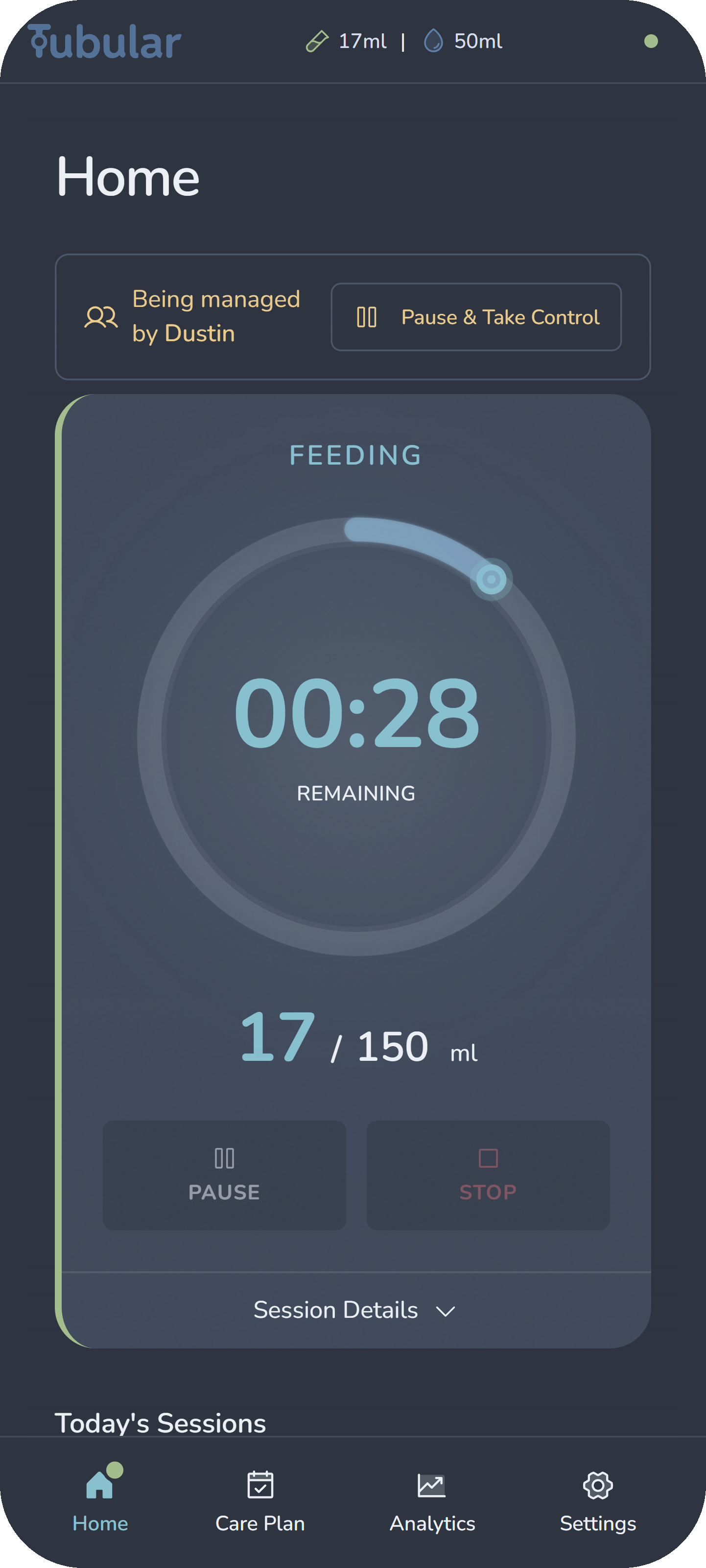 Tubular home screen showing active feeding session being managed by Dustin