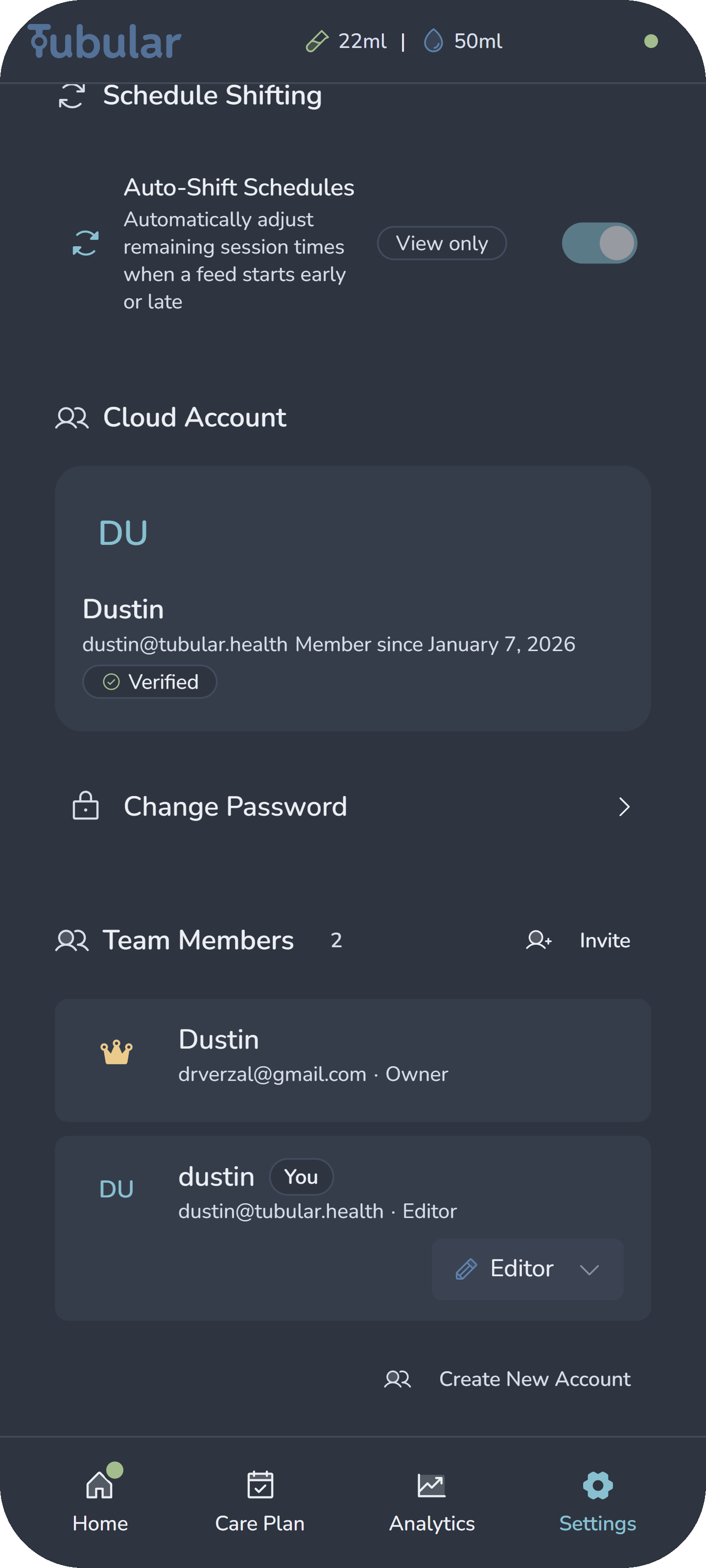 Tubular settings screen showing team members with Owner and Editor roles