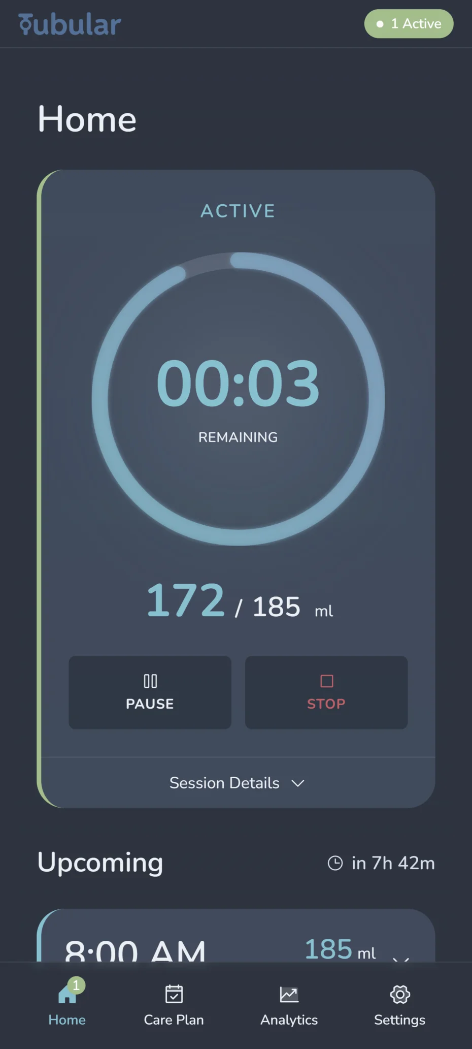 Tubular app showing active feeding session with 00:33 remaining, 8/185ml progress